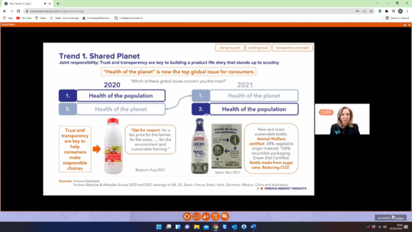 Innova Market Insights dairy trends webinar. Shared Planet is top global consumer issue. Sustainable dairy packaging examples.