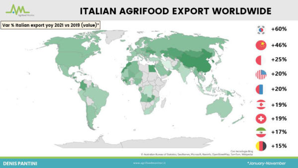 Italian agrifood export worldwide map. Italian food exports increased in 2021 vs 2019. Top countries importing Italian food.