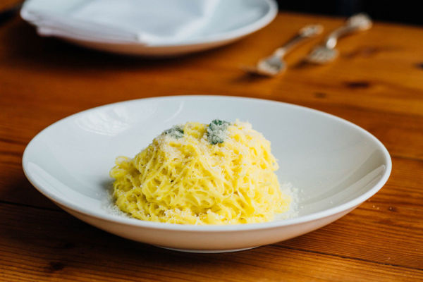 Spinasse Seattle: Tajarin pasta with butter and sage, a Piedmontese specialty. Fine egg noodles, Italian cuisine.