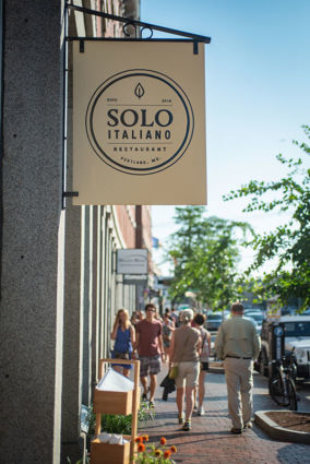 Solo Italiano Restaurant sign in Portland, Maine. Ligurian food by Chef Paolo Laboa.