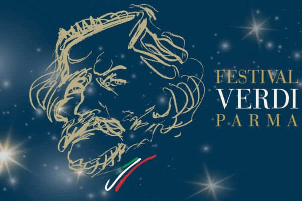 Festival Verdi Parma promotional image. Verdi's sketch portrait with Italian flag. Parma food valley.