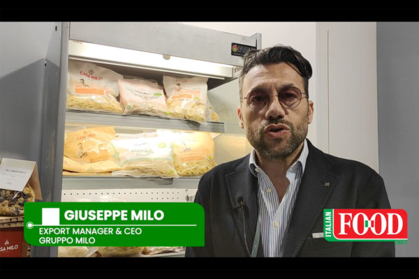 Casa Milo ready meals launch at PLMA. Giuseppe Milo, Export Manager & CEO, with pasta products. Italian food.