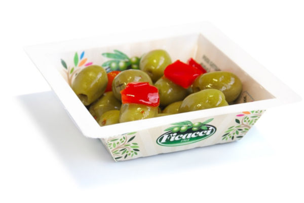 Ficacci olives in a square container. Green olives with red pepper. Ficacci olive company.