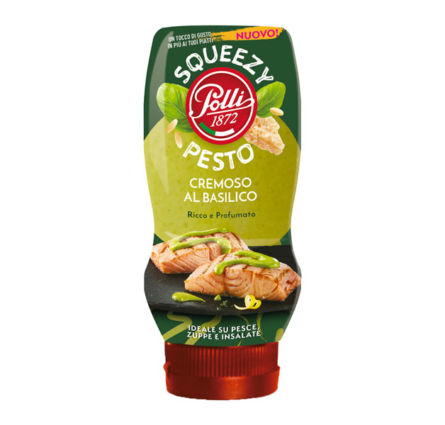 Polli Squeezy Pesto. Italian food awards finalist. Creamy basil pesto sauce.