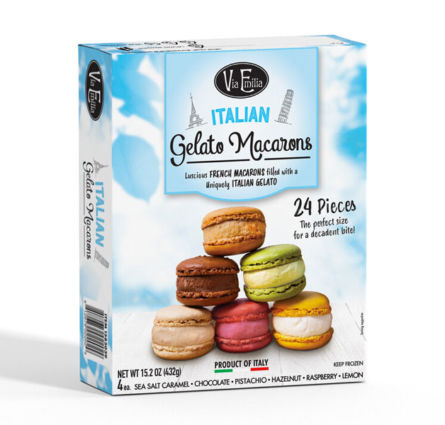 Via Emilia Italian Gelato Macarons box. Flavors: sea salt caramel, chocolate, pistachio, hazelnut, raspberry, lemon.