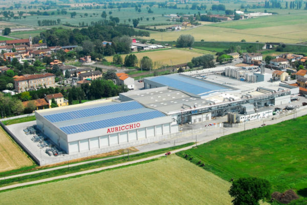 Auricchio dairy company building. 3B Latte production facility with solar panels. Food industry plant.
