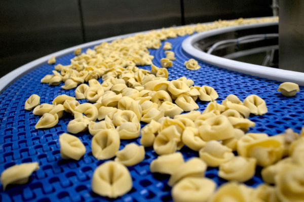 Squoiattolo fresh pasta. Tortellini on a blue conveyor belt at Marca 2023.