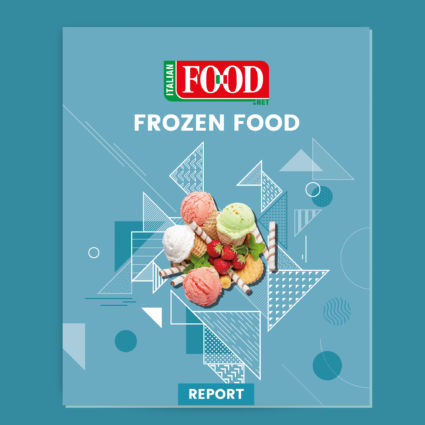 Frozen food report cover: Ice cream, strawberries, and geometric designs. Germany frozen pizza.