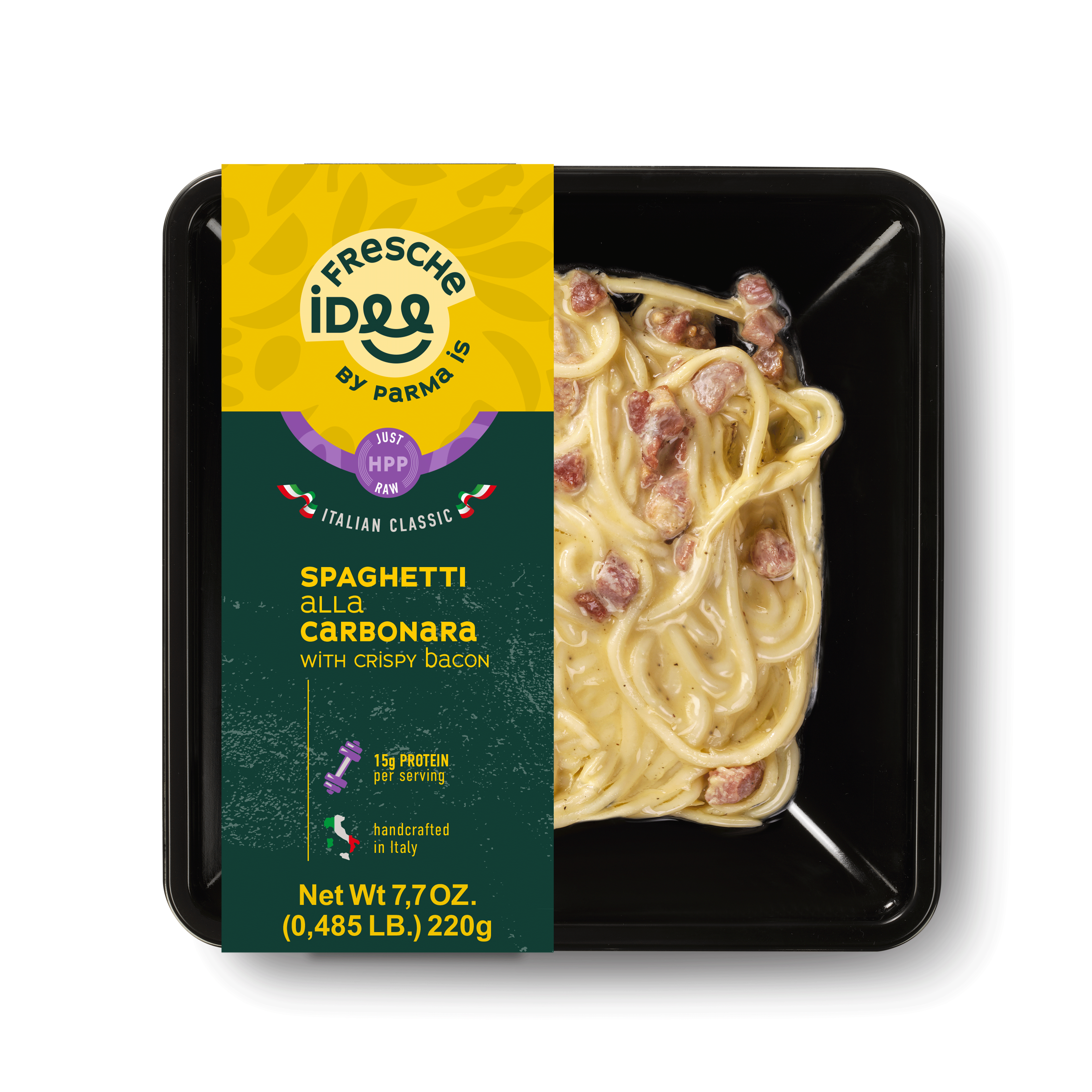 Fresche Idee by Parma Is Spaghetti alla Carbonara with crispy bacon, a 2026 Italian Food Awards USA finalist product.