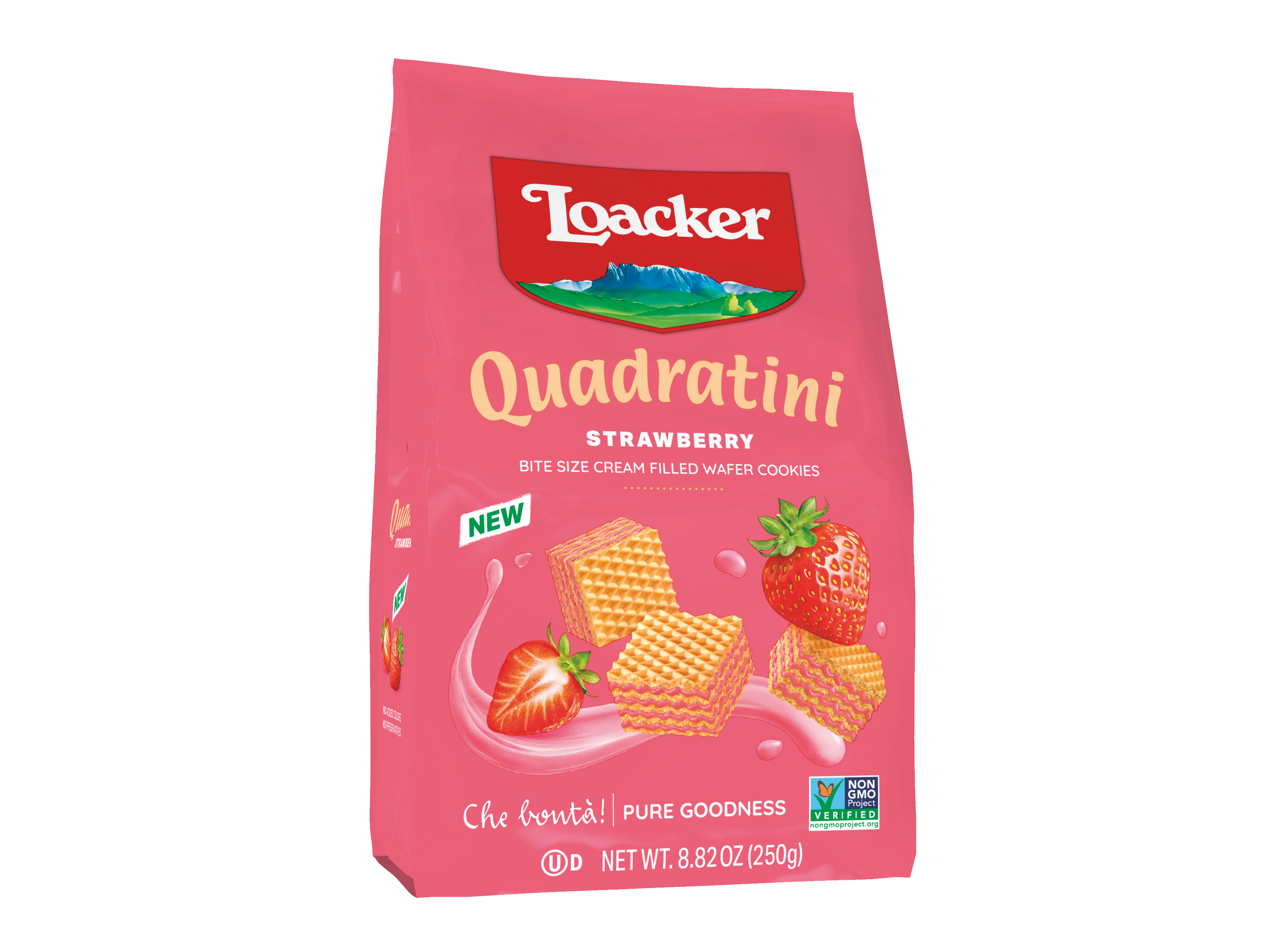 Loacker Quadratini Strawberry bite-size cream-filled wafer cookies in a pink 8.82 oz bag, Italian Food Awards finalist.