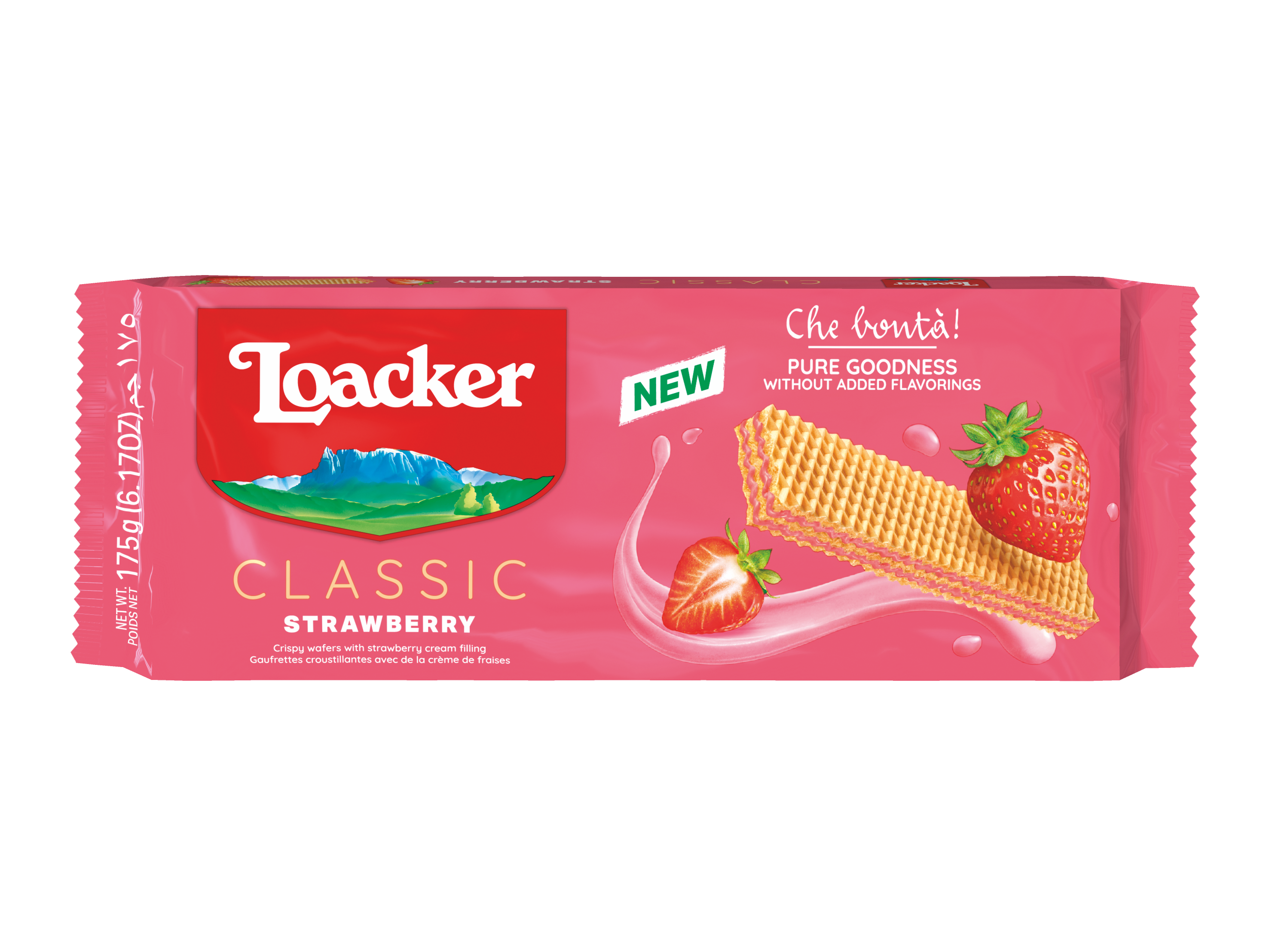 Loacker Classic Strawberry wafer package, an Italian food finalist featuring crispy wafers with strawberry cream filling.