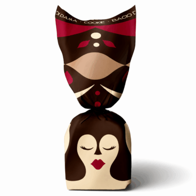 Bacio di Dama cookie finalist in the Italian Food Awards USA, wrapped in decorative packaging with a stylized face.